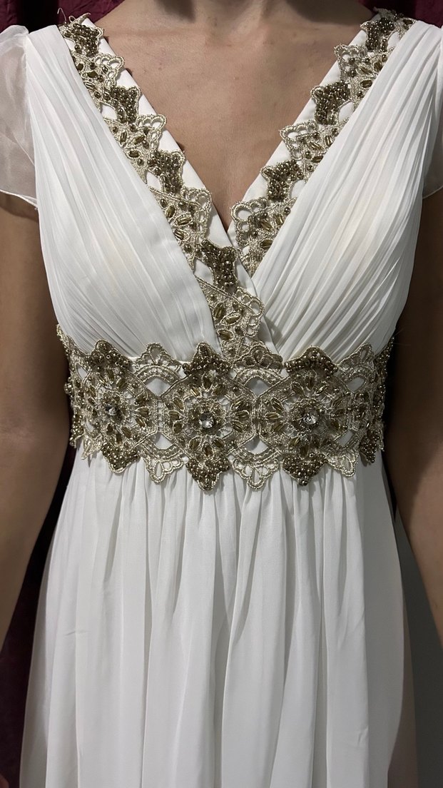 Drapeli V Yaka Beyaz Midi Nişan Elbisesi - Görsel 4