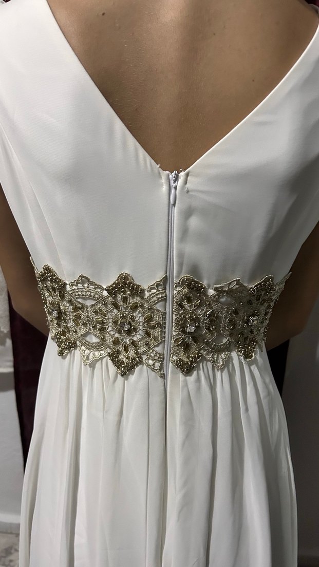 Drapeli V Yaka Beyaz Midi Nişan Elbisesi - Görsel 2