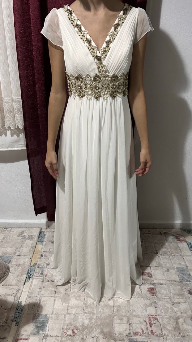 Drapeli V Yaka Beyaz Midi Nişan Elbisesi - Görsel 5