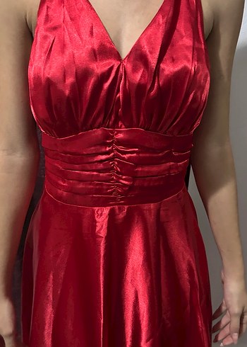 Kırmızı Saten V Yaka Uzun Abiye Elbise - Görsel 6