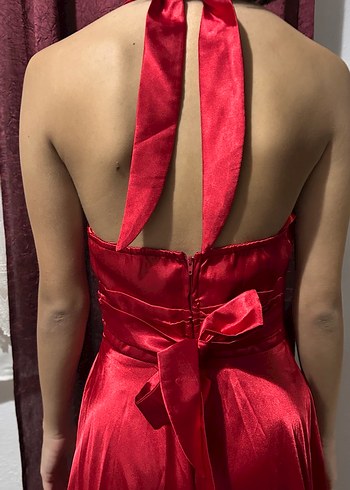 Kırmızı Saten V Yaka Uzun Abiye Elbise - Görsel 5