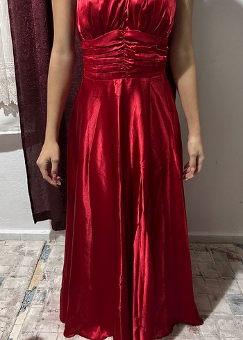 Kırmızı Saten V Yaka Uzun Abiye Elbise - Görsel 2