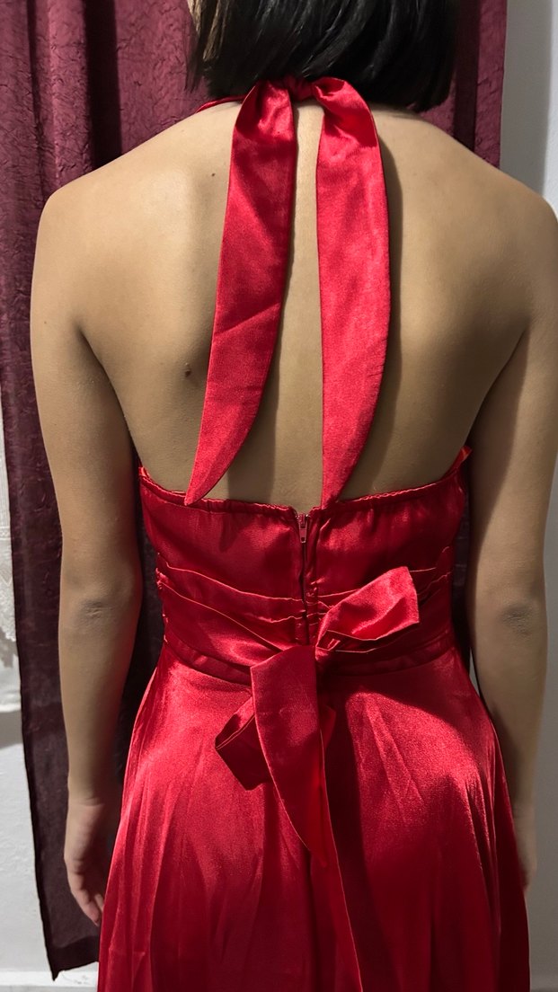 Kırmızı Saten V Yaka Uzun Abiye Elbise - Görsel 5