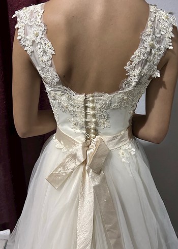 Dantel İşlemeli Straplez A Kesim Beyaz Gelinlik - Görsel 12