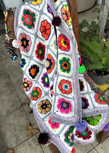 Beden Renkli Desenli El Örgüsü Battaniye110*110 cm koltuk malı