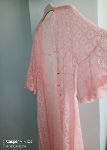 Pembe Uzun Dantel İşlemeli Bohem Kimono.deniz elbisesi.(yaz)