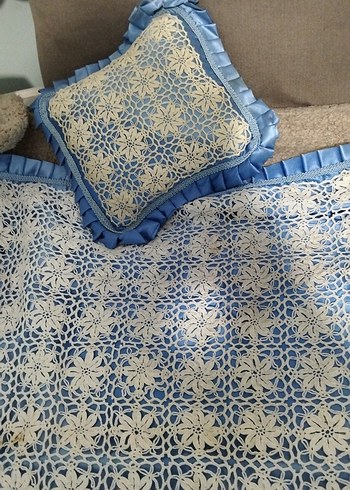 Mavi Kenarlı Beyaz Dantel Örtü. bebek battaniyesi. - Görsel 2