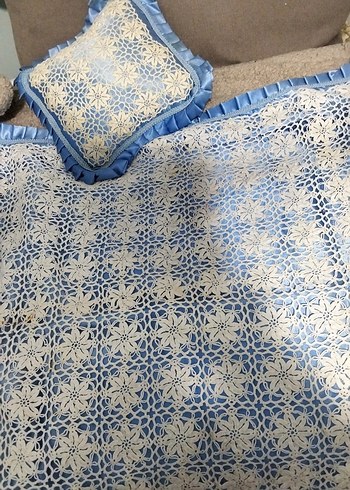 Mavi Kenarlı Beyaz Dantel Örtü. bebek battaniyesi. - Görsel 3