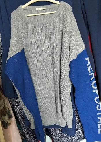 Aeropostale Gri Mavi Renk Bloklu Rahat Triko Kazak