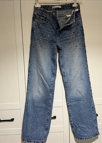 Zara Mavi Payetli Nakışlı Kadın Denim Pantolon