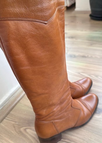Diğer Taba Deri Dizüstü Çizme Fermuarlı Stiletto Topuk