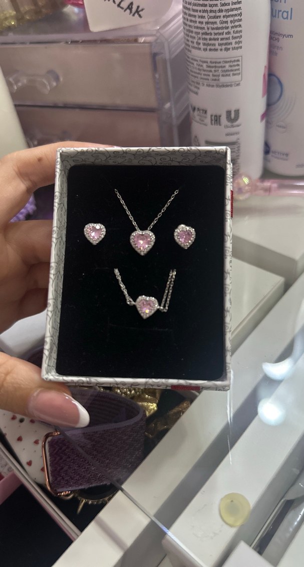 Kalp Taşlı Gümüş 3lü Takı Seti Söğütlü Silver — görsel 2/6