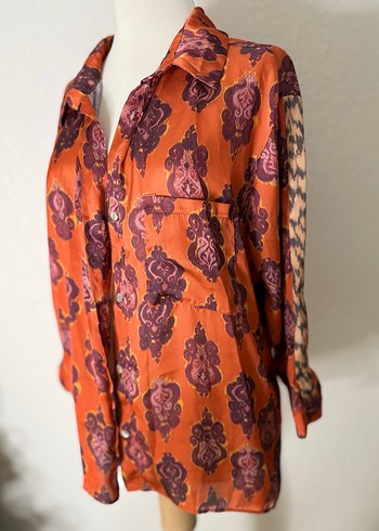 Düğmeli Bohem Desenli Uzun Kollu Gömlek - Görsel 4