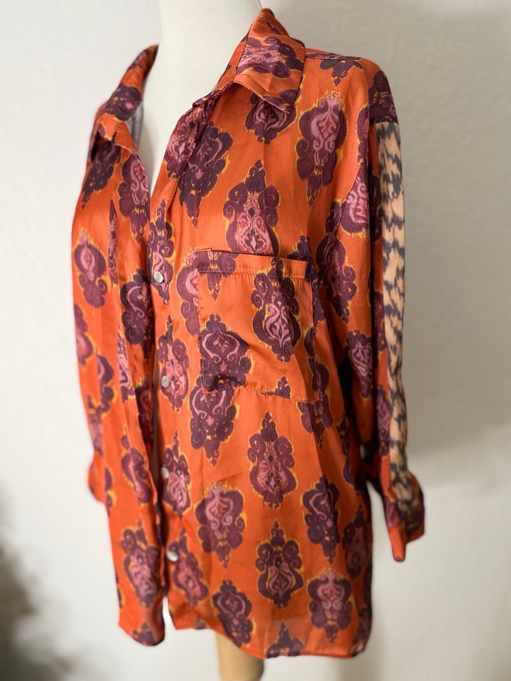 Düğmeli Bohem Desenli Uzun Kollu Gömlek - Görsel 4