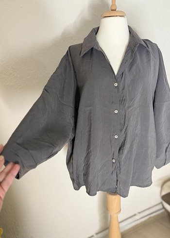 Gri Keten Kadın Gömlek - Görsel 3