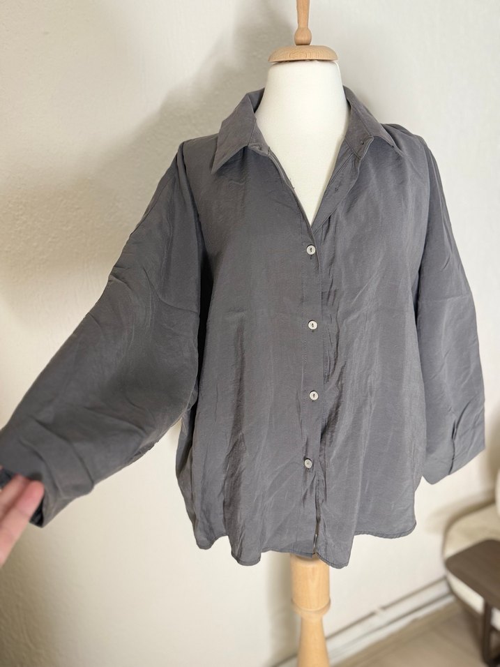 Gri Keten Kadın Gömlek - Görsel 4