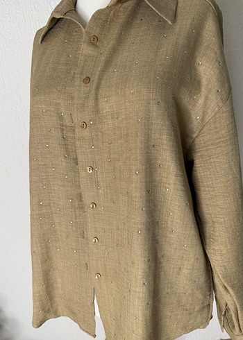 Bej Düğmeli Keten Kadın Gömlek - Görsel 2