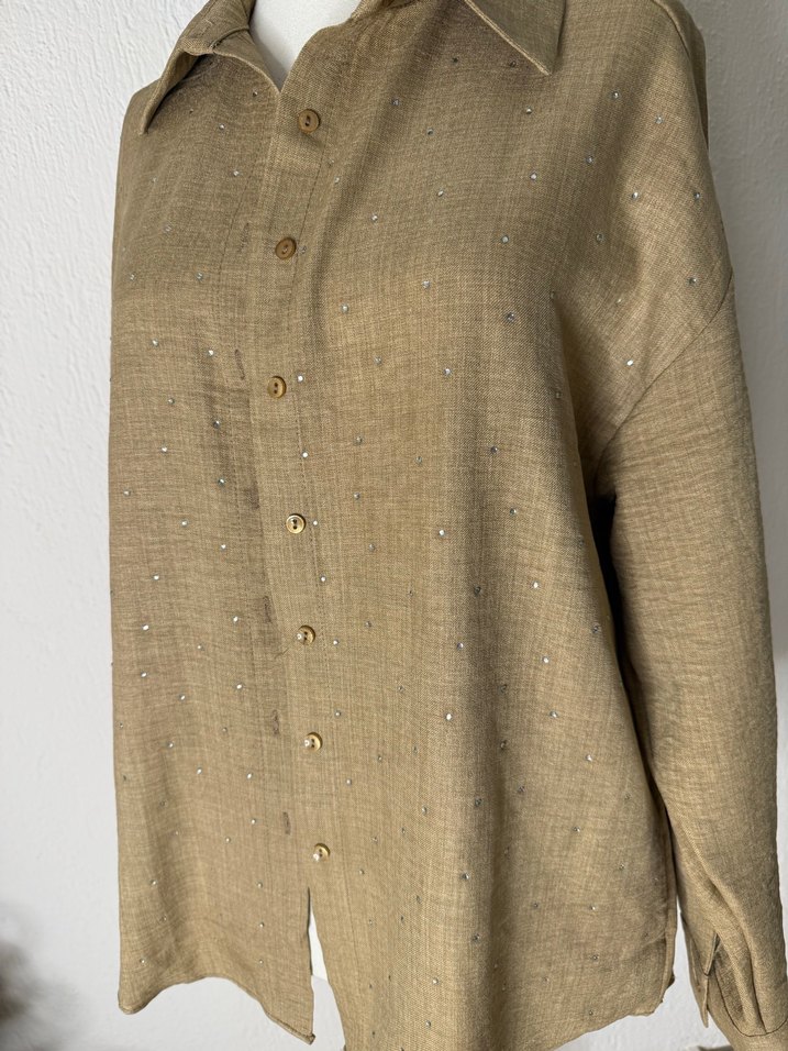 Bej Düğmeli Keten Kadın Gömlek - Görsel 2