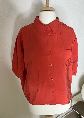Kırmızı Nakışlı Düğmeli Kadın Gömlek - Görsel 4