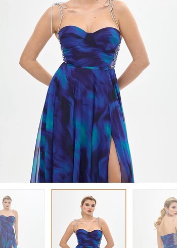 Kadın Mavi Uzun Drapeli Straplez Abiye Elbise - Görsel 2