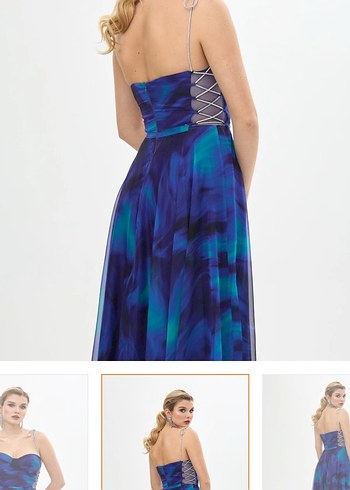 Kadın Mavi Uzun Drapeli Straplez Abiye Elbise - Görsel 3