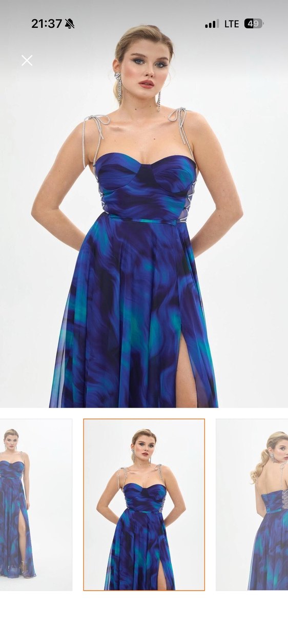 Kadın Mavi Uzun Drapeli Straplez Abiye Elbise - Görsel 2