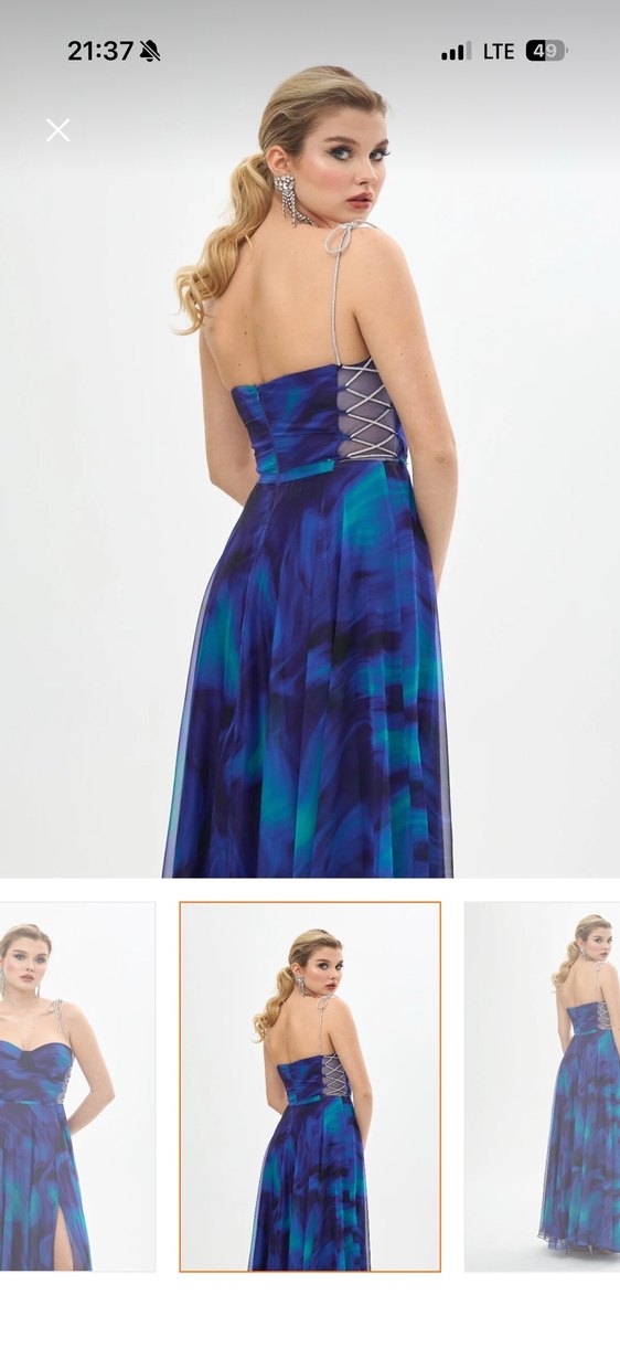 Kadın Mavi Uzun Drapeli Straplez Abiye Elbise - Görsel 3