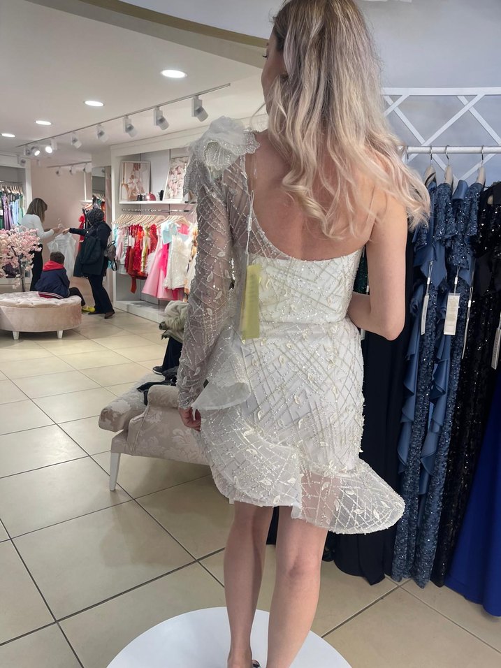 Straplez Mini Beyaz Bohem Elbise-Gelinlik - Görsel 2