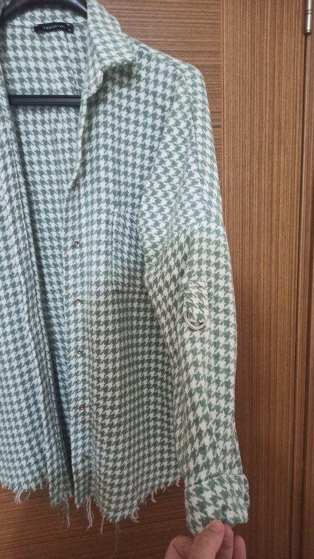 Düğmeli yeşil Kareli Kadın K Gömlek - Görsel 2