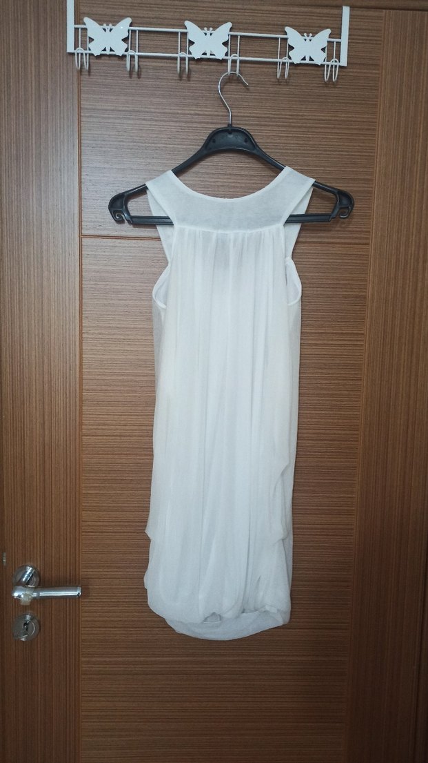 İnci İşlemeli Beyaz Kolsuz Mini Tunik elbise - Görsel 3