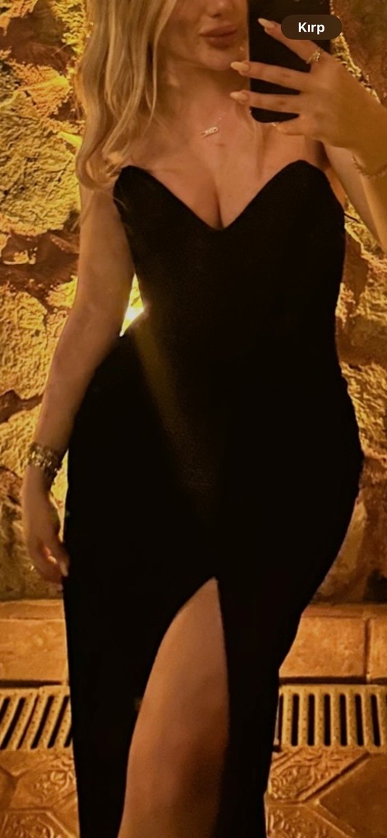 Siyah Straplez Uzun Drapeli Kadın Elbise - Görsel 2