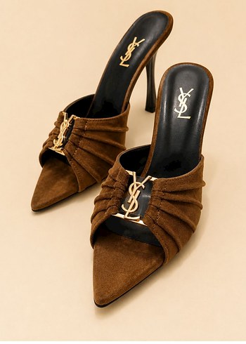 Yves Saint Laurent Ysl Kahverengi Suet Sivri Topuklu Terlik