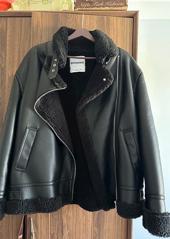 Siyah Kürklü Deri Biker Ceket