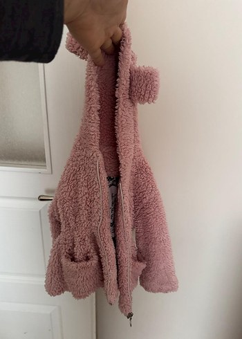 Pembe Kapüşonlu Kız Peluş Mont - Görsel 4