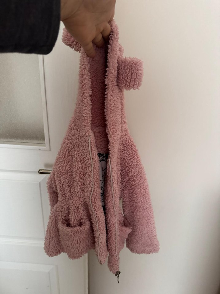 Pembe Kapüşonlu Kız Peluş Mont - Görsel 4