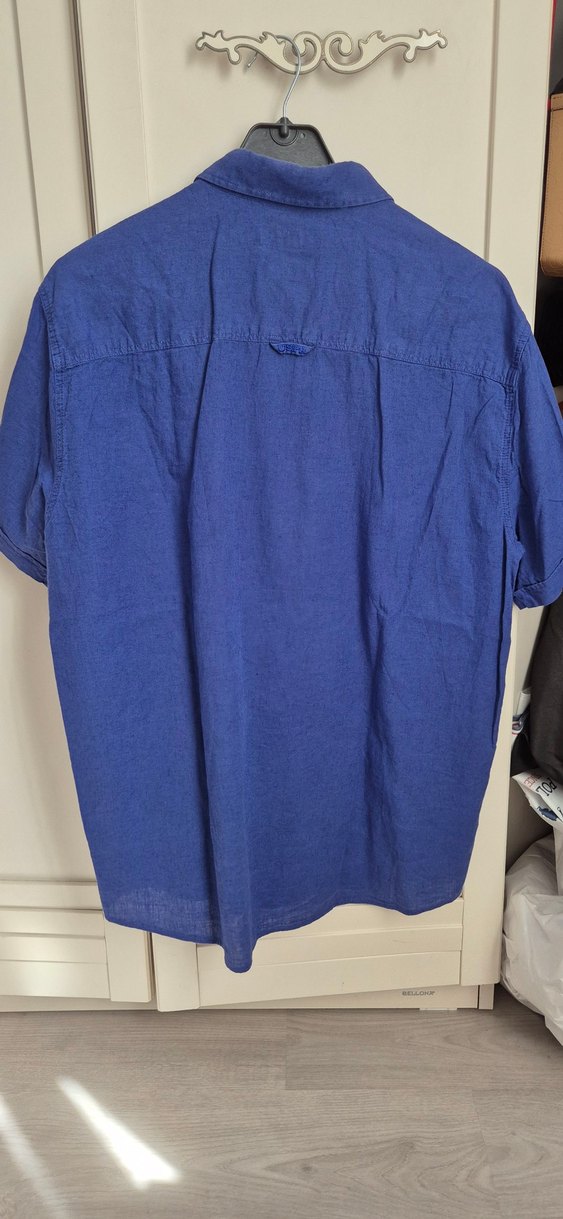 Mavi Kısa Kollu Keten Erkek Gömlek - Görsel 3