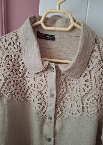 Nakış Detaylı Bej Keten Kadın Gömlek etek takım - Görsel 5