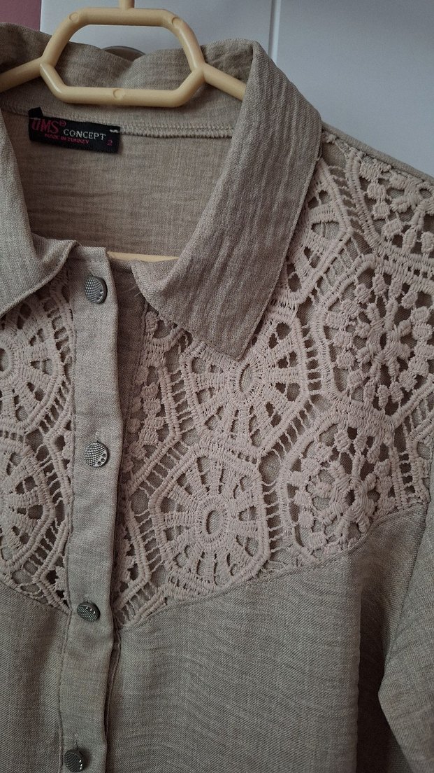 Nakış Detaylı Bej Keten Kadın Gömlek etek takım - Görsel 3