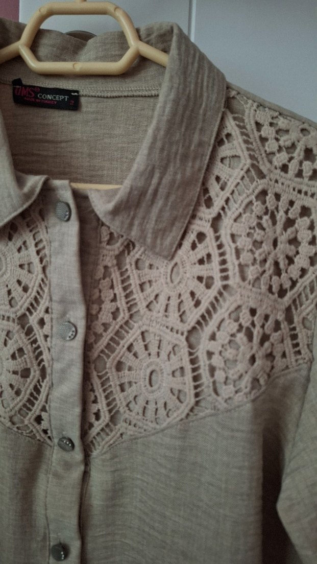 Nakış Detaylı Bej Keten Kadın Gömlek etek takım - Görsel 4