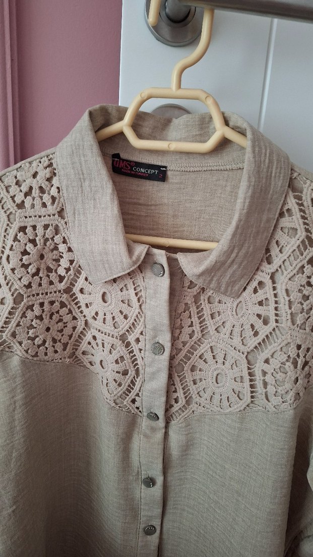 Nakış Detaylı Bej Keten Kadın Gömlek etek takım - Görsel 5