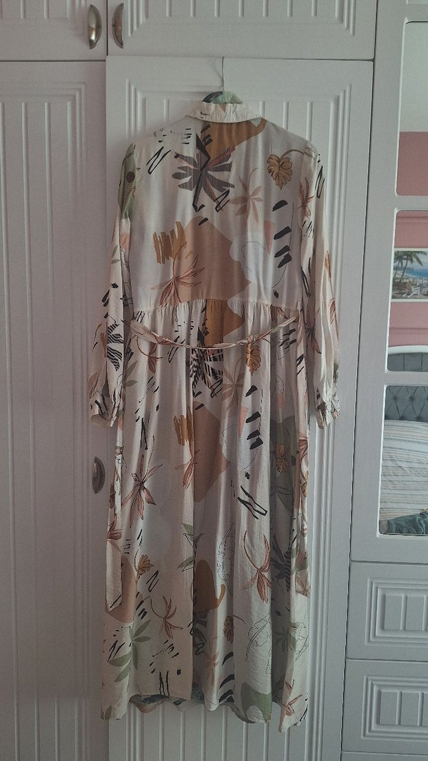 Bej Uzun Kollu Bohem Desenli Elbise - Görsel 3