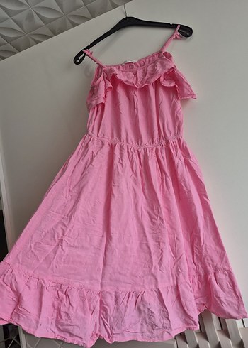 12-13 Yaş Beden Kız Çocuk Pembe Askılı Fırfırlı Elbise