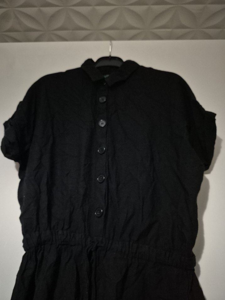 Düğmeli Siyah Keten Şortlu Elbise - Görsel 3