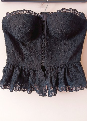 Diğer Romantik Siyah Dantel Straplez Top