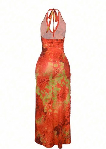 Shein turuncu fırfırlı yırtmaçlı elbise - Görsel 3