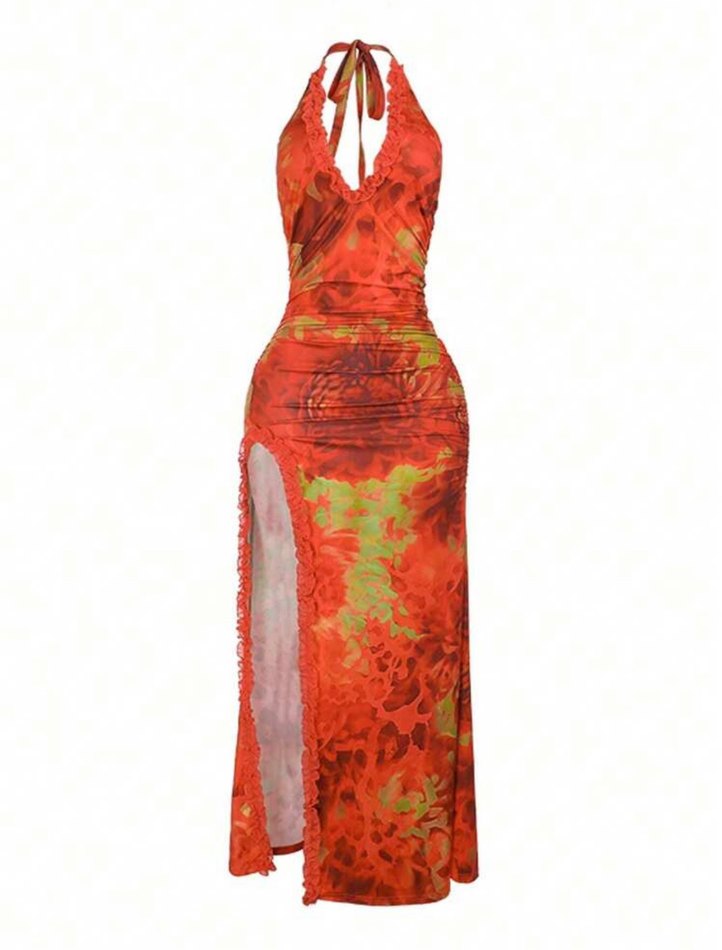 Shein turuncu fırfırlı yırtmaçlı elbise - Görsel 2