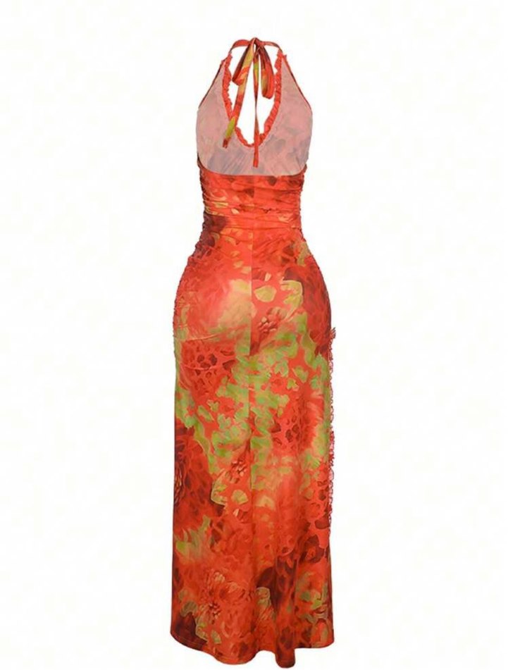 Shein turuncu fırfırlı yırtmaçlı elbise - Görsel 3