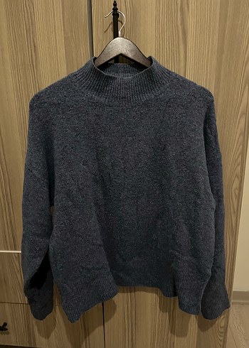 H&M Koyu Gri Mavi Melanj Triko Kazak Genis Kalip