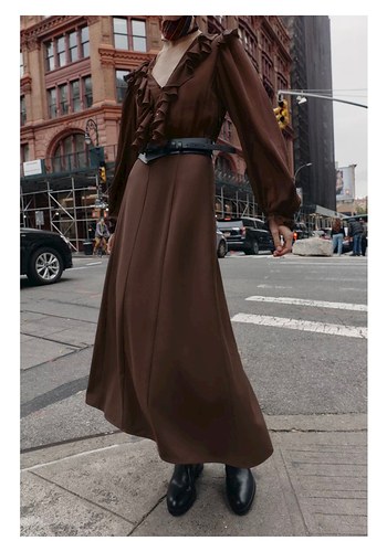 Zara Kahverengi Fırfırlı Uzun Kadın Elbise - Görsel 2