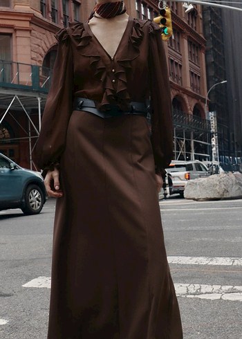 Zara Kahverengi Fırfırlı Uzun Kadın Elbise - Görsel 3